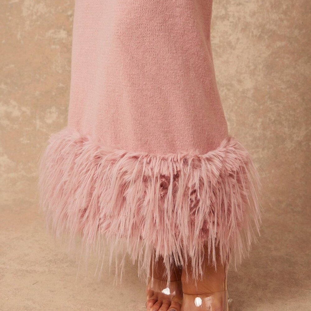 Pink Faux Fur Off Shoulder Bodycon sweater Maxi dress - Picture 6 of 8